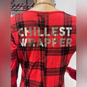 New! Victoria Secret Pink Red Plaid Gold Foil Vinyl Holiday Onesie, Size Large